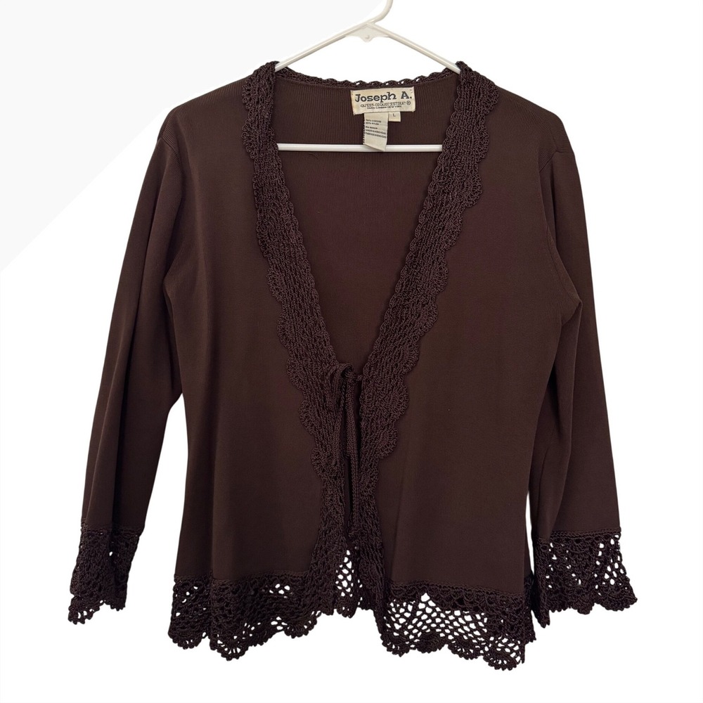 Joseph A. Brown Crochet Lace Trim Tie Front Cardigan Sweater Womens Large